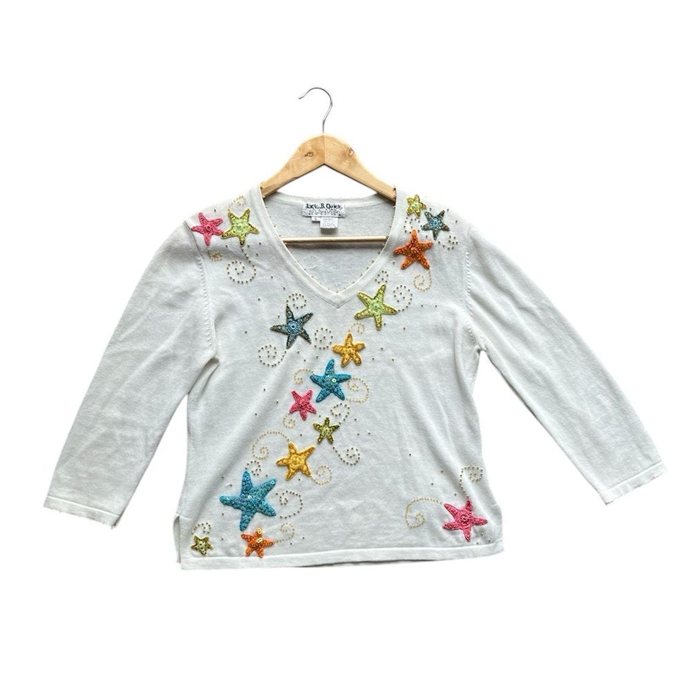 Jack B. Quick Vintage V Neck Small Beadwork Sequins Crochet Patchwork 3/4 Sleeve